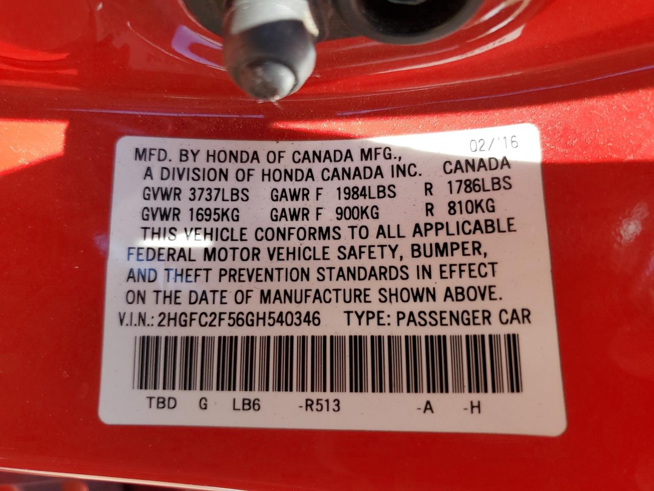 2016 Honda Civic Lx VIN: 2HGFC2F56GH540346 Lot: 64846775