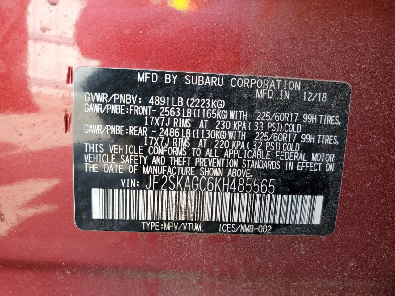 2019 Subaru Forester Premium VIN: JF2SKAGC6KH485565 Lot: 65618705