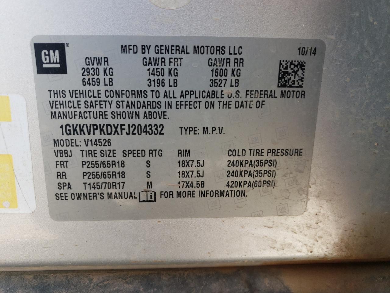 2015 GMC Acadia Sle VIN: 1GKKVPKDXFJ204332 Lot: 62928995