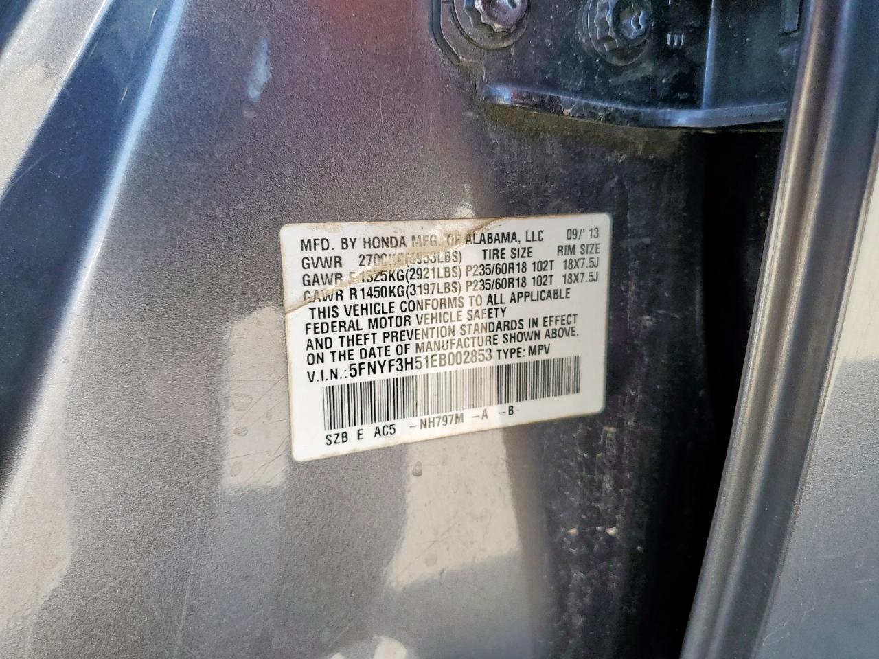 2014 Honda Pilot Exl VIN: 5FNYF3H51EB002853 Lot: 65699295
