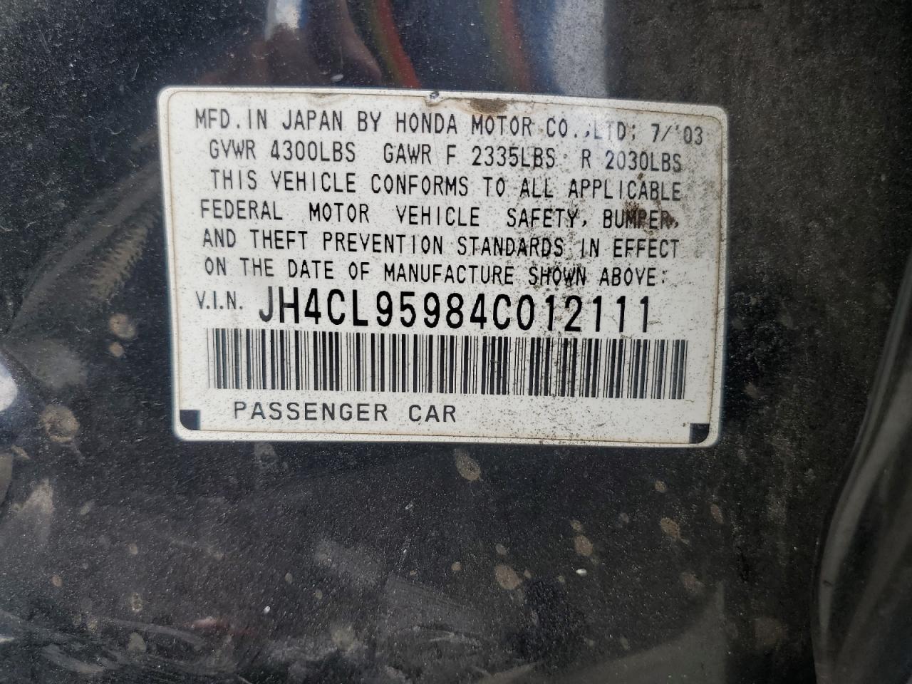 2004 Acura Tsx VIN: JH4CL95984C12111 Lot: 65405505