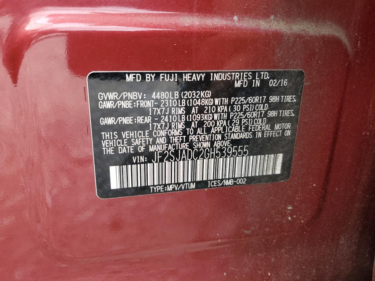 jf2sjadc2gh539555 JF2SJADC2GH539555 2016 Subaru Forester 2.5I Premium