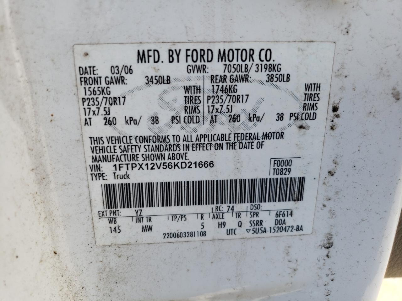 2006 Ford F150 VIN: 1FTPX12V56KD21666 Lot: 64215875
