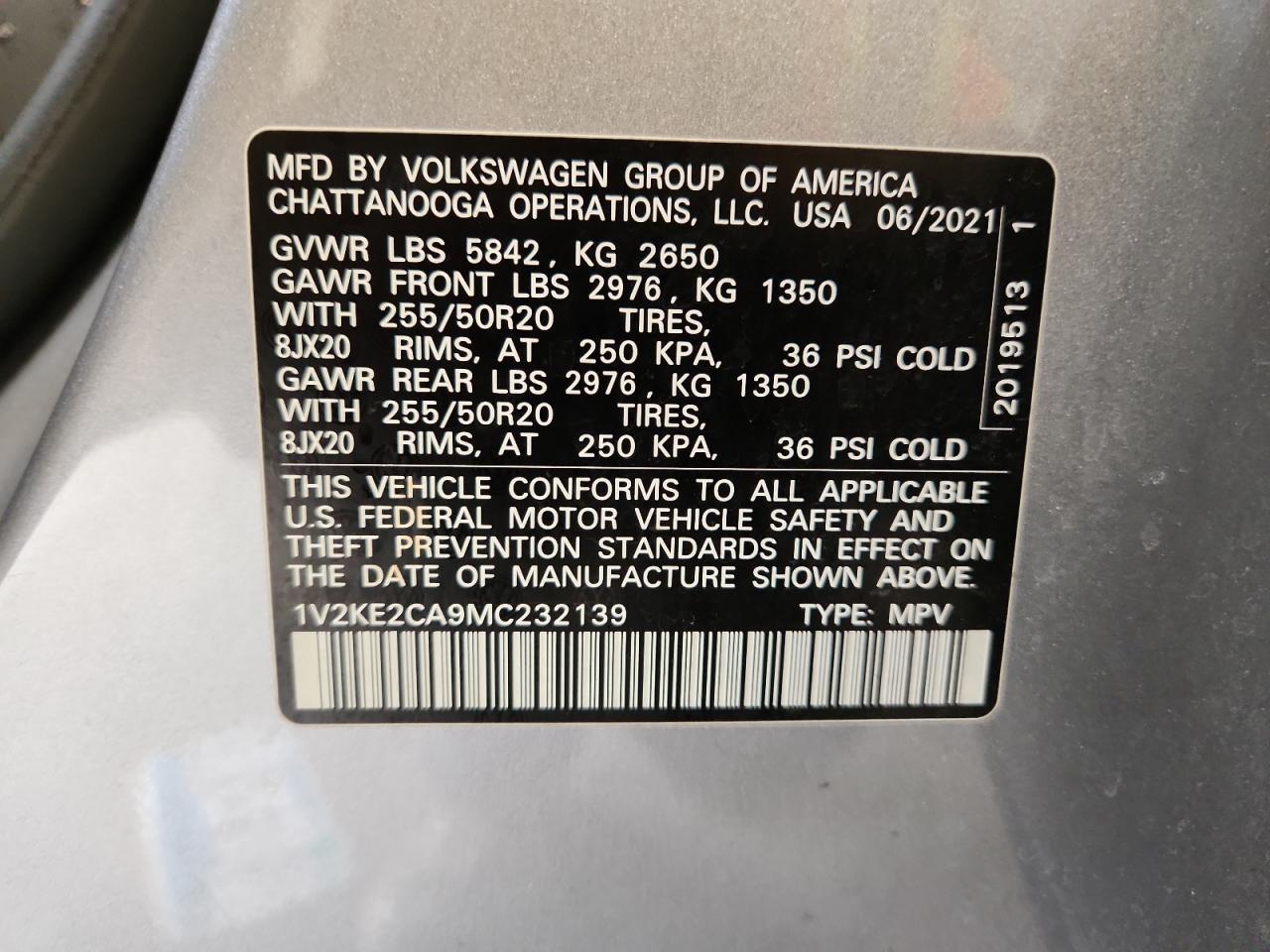 2021 Volkswagen Atlas Cross Sport Se VIN: 1V2KE2CA9MC232139 Lot: 64184365