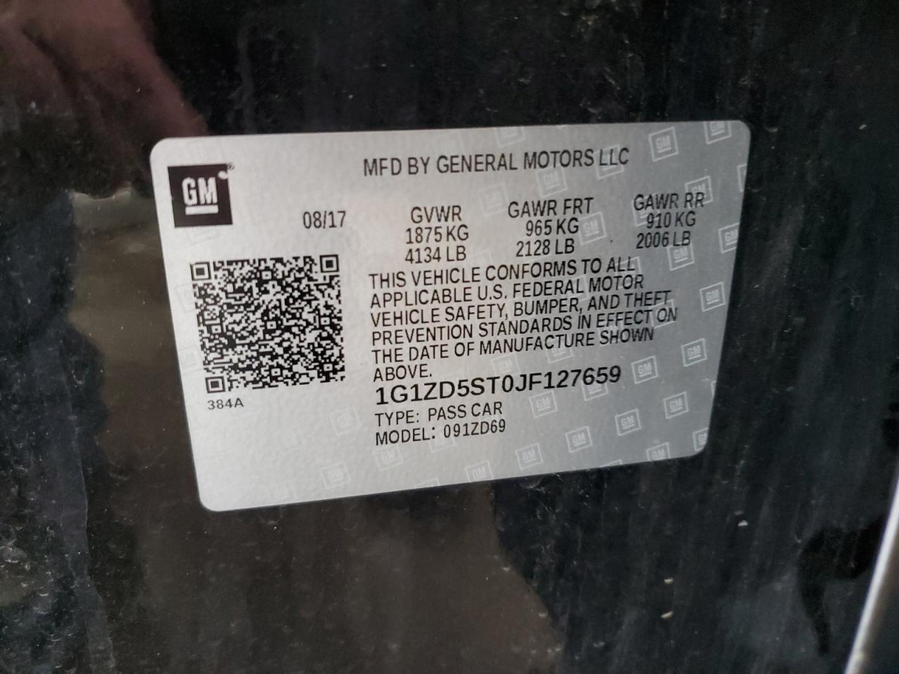 2018 Chevrolet Malibu Lt VIN: 1G1ZD5ST0JF127659 Lot: 64591325