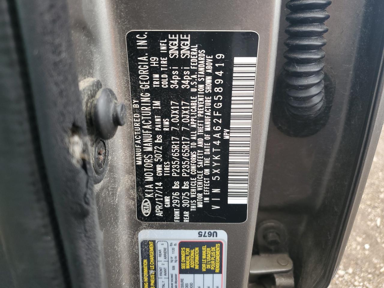 2015 Kia Sorento Lx VIN: 5XYKT4A62FG589419 Lot: 63785565