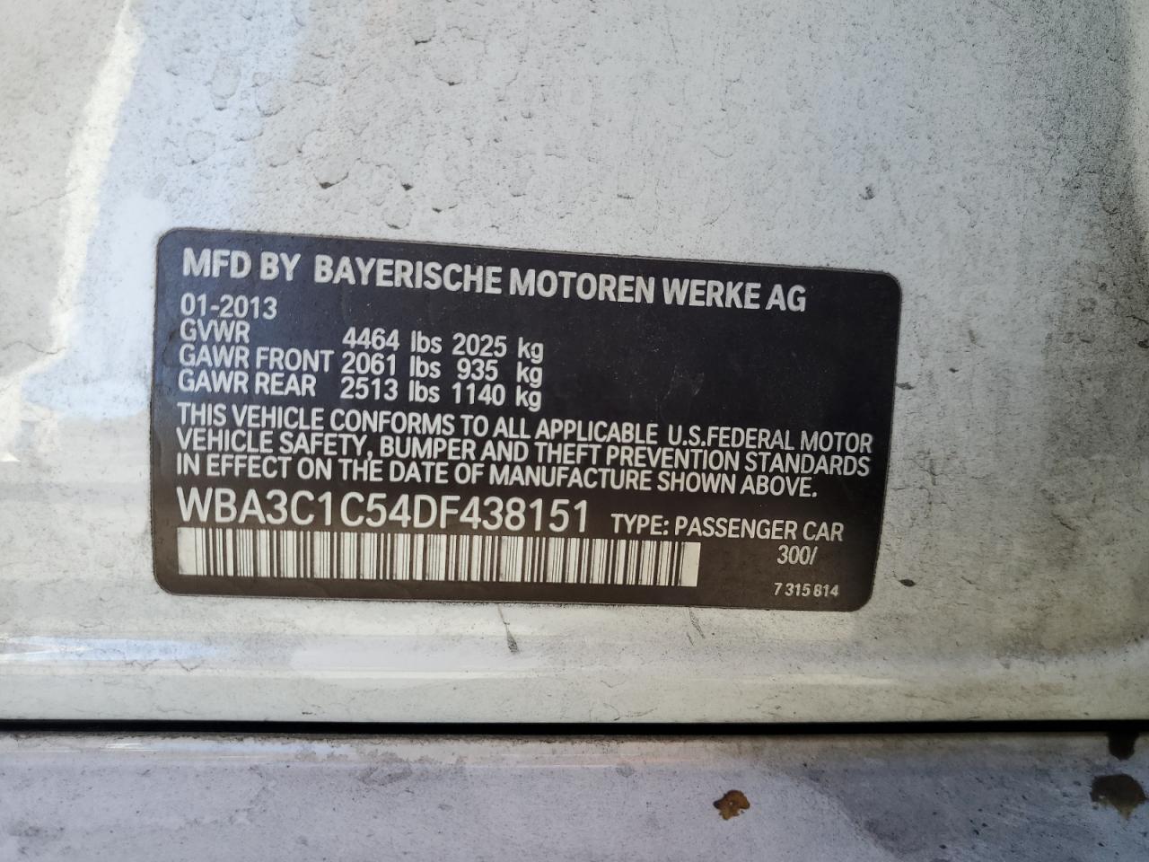 2013 BMW 328 I Sulev VIN: WBA3C1C54DF438151 Lot: 66037105
