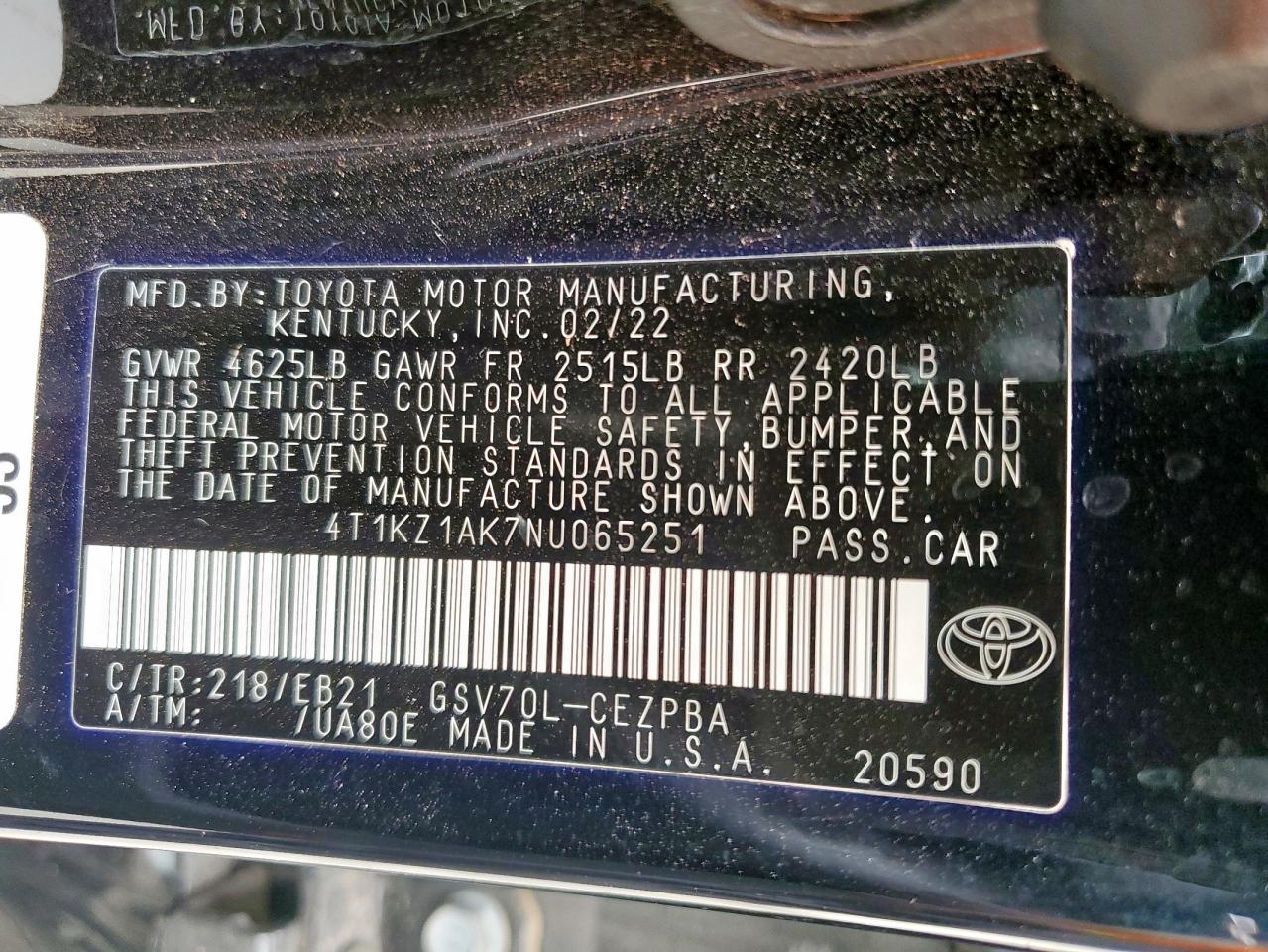 2022 Toyota Camry Trd VIN: 4T1KZ1AK7NU065251 Lot: 63085685