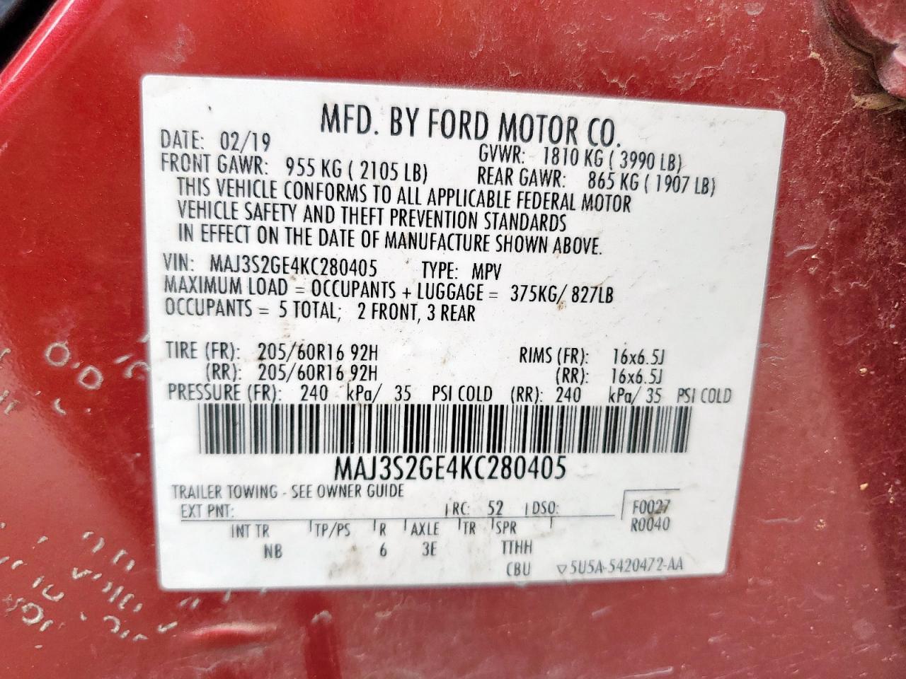 2019 Ford Ecosport Se VIN: MAJ3S2GE4KC280405 Lot: 66530545