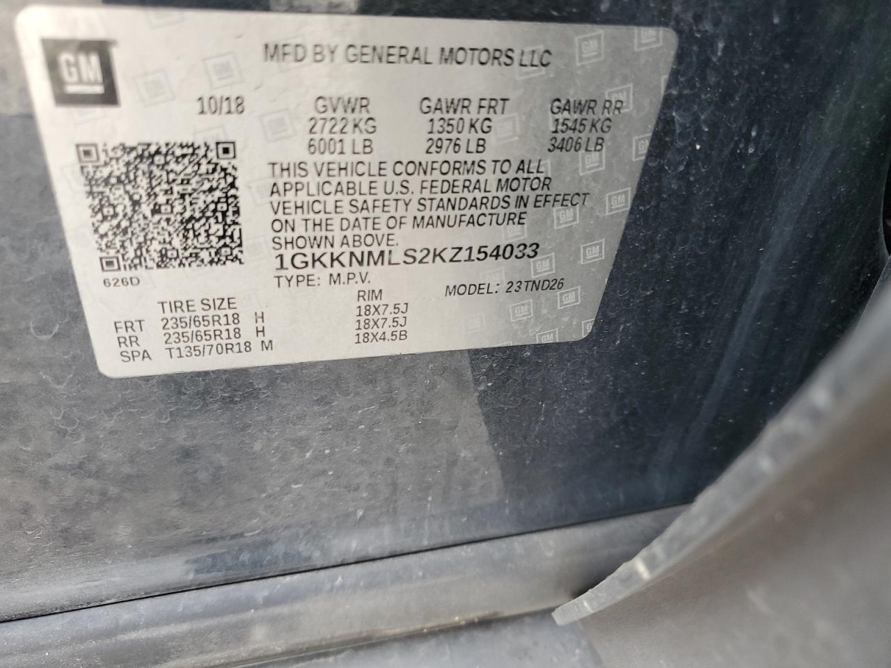 2019 GMC Acadia Slt-1 VIN: 1GKKNMLS2KZ154033 Lot: 63788265