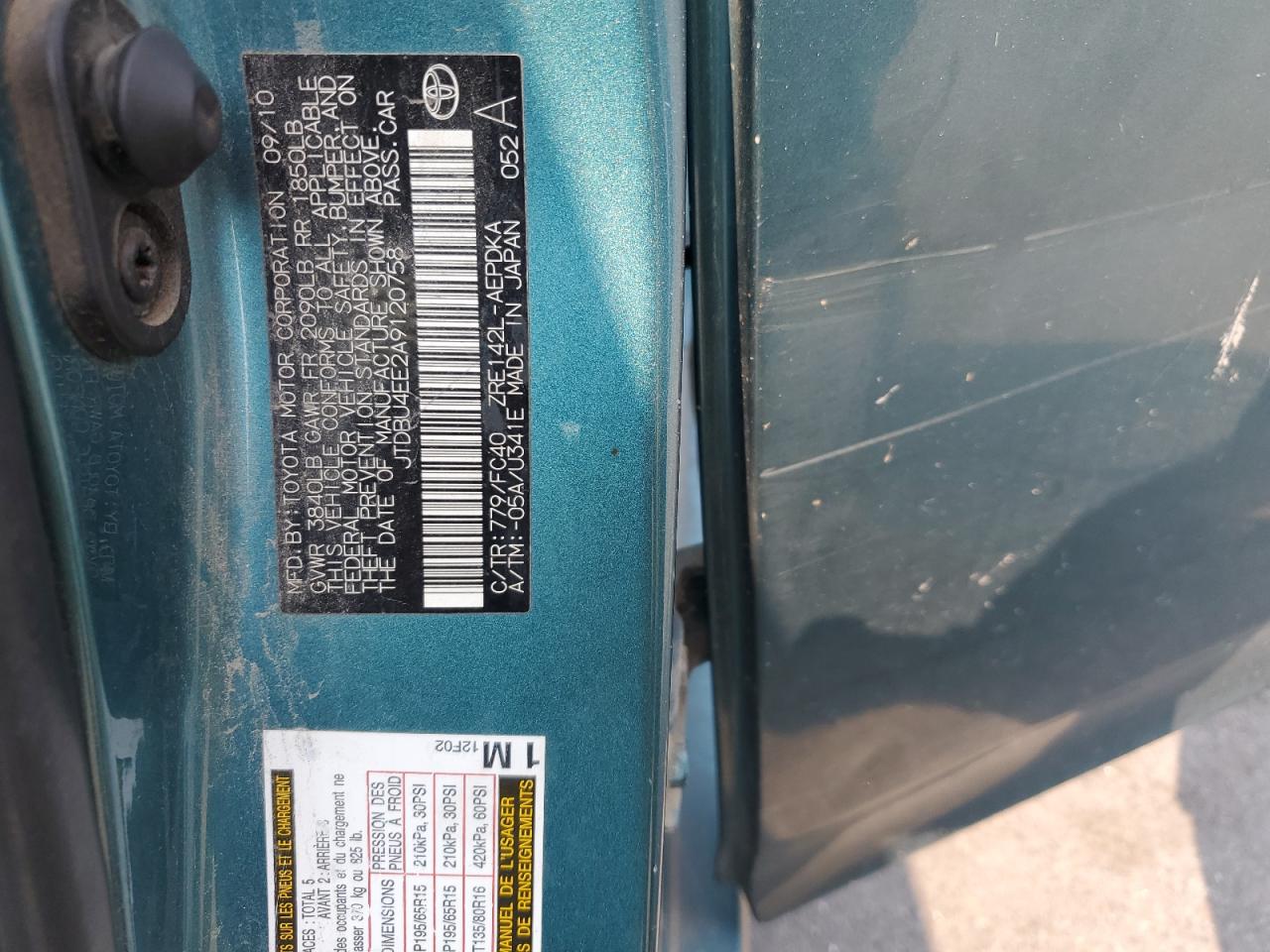 2010 Toyota Corolla Base VIN: JTDBU4EE2A9120758 Lot: 63245625