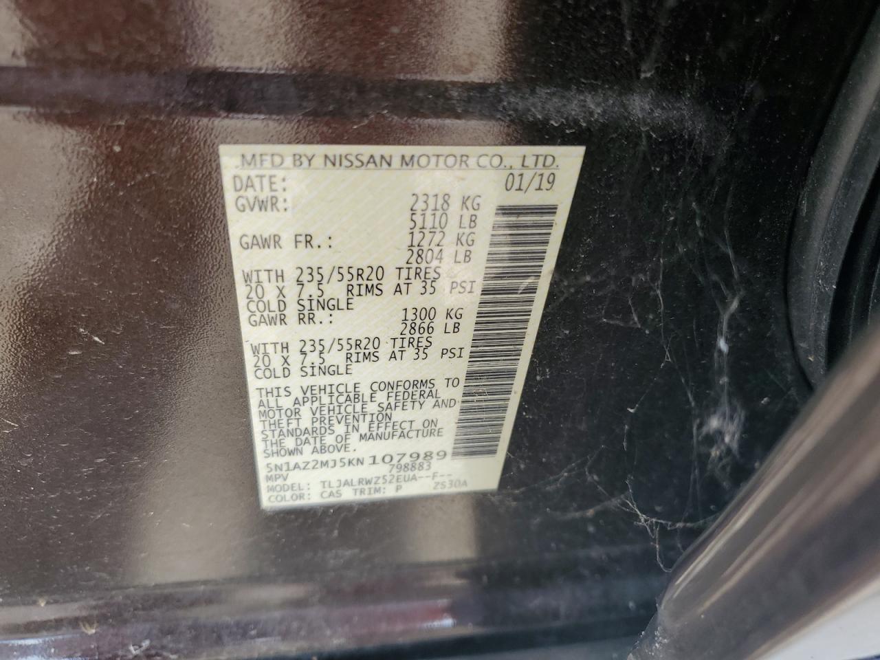 2019 Nissan Murano S VIN: 5N1AZ2MJ5KN107989 Lot: 63612285