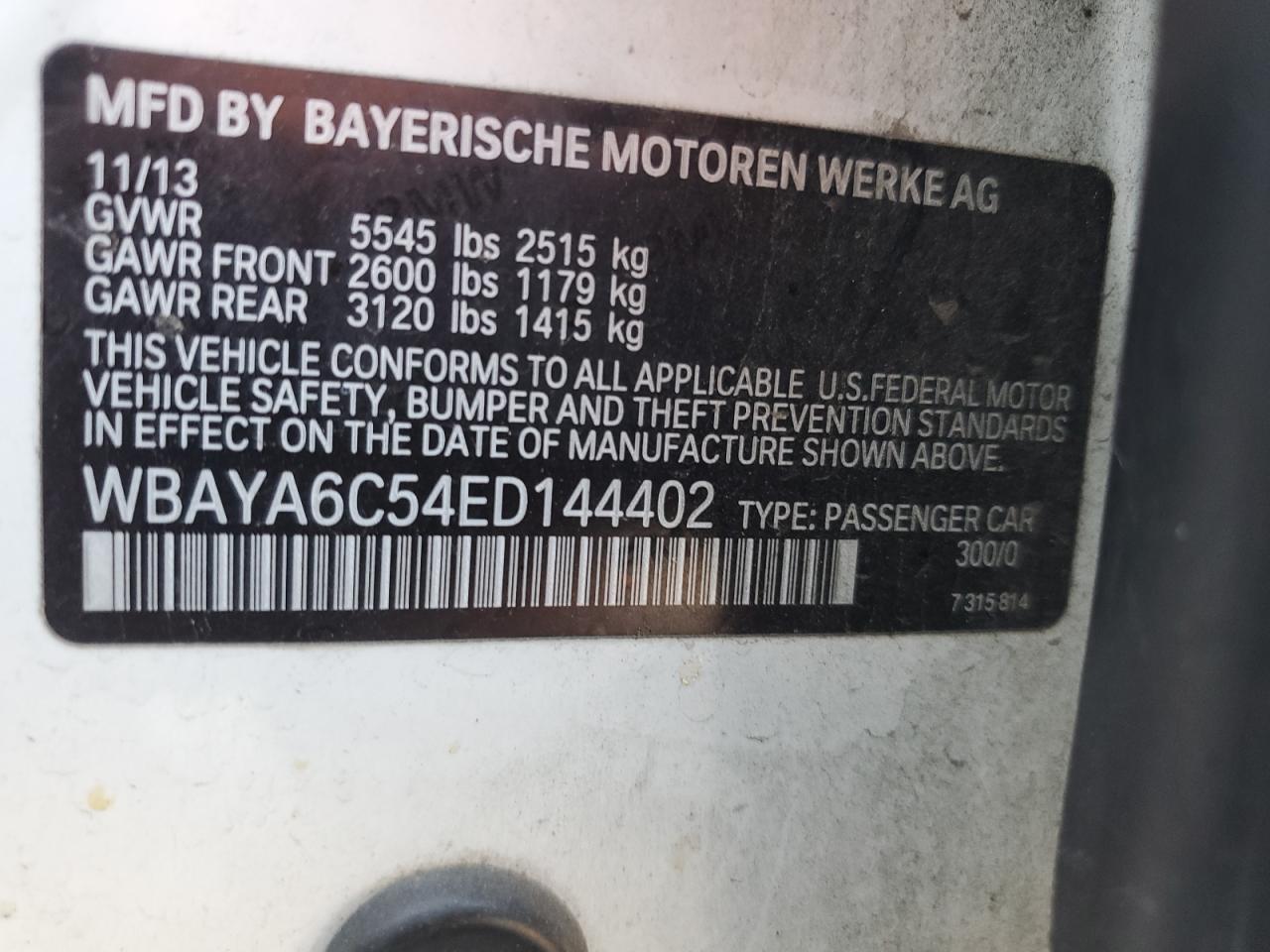 2014 BMW 740 I VIN: WBAYA6C54ED144402 Lot: 63025295