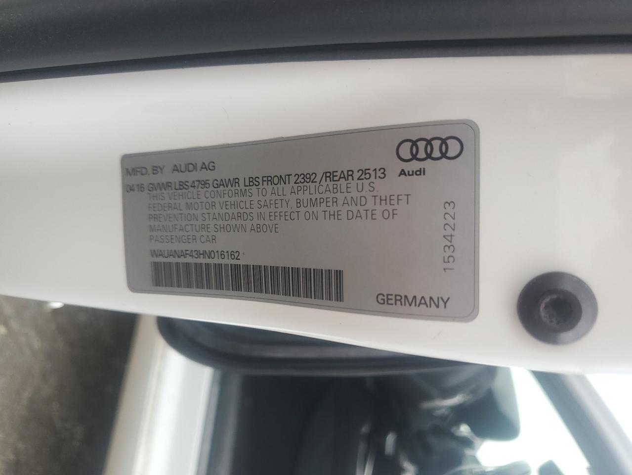 2017 Audi A4 Premium VIN: WAUANAF43HN016162 Lot: 64263505