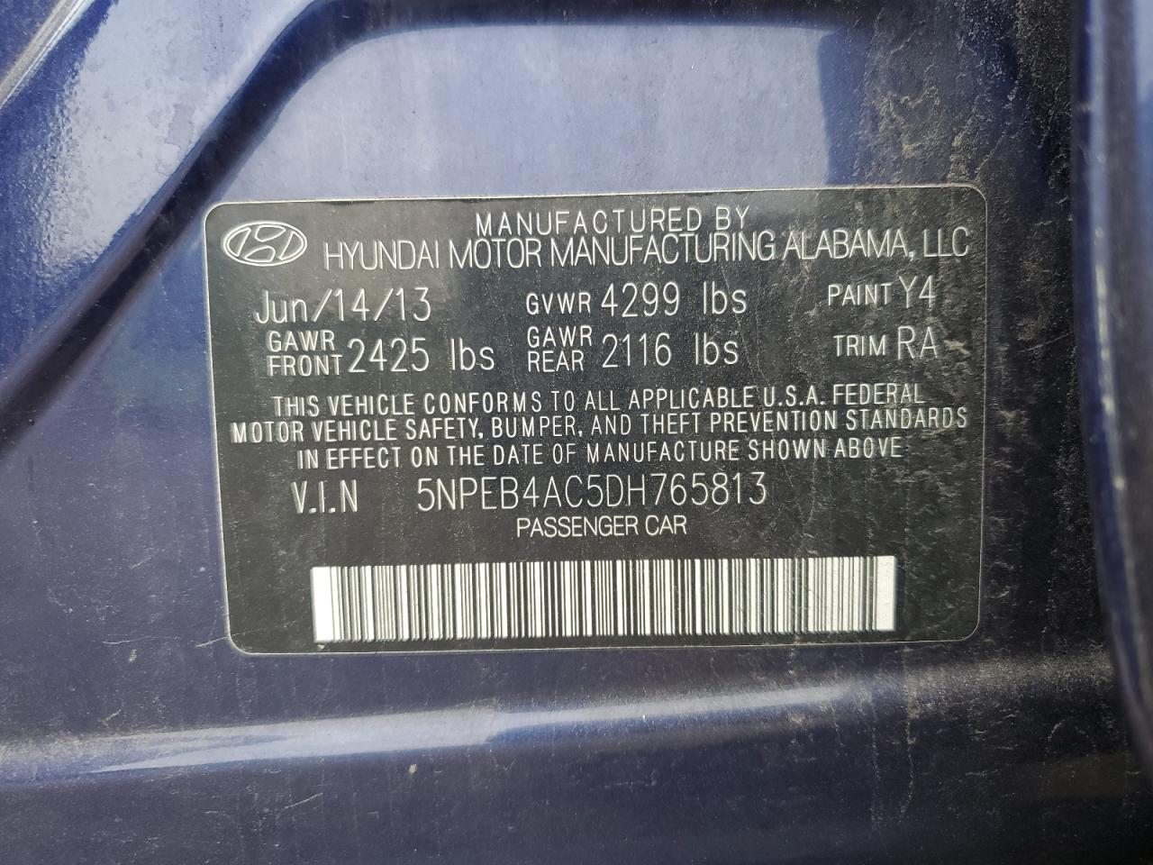 2013 Hyundai Sonata Gls VIN: 5NPEB4AC5DH765813 Lot: 65145995