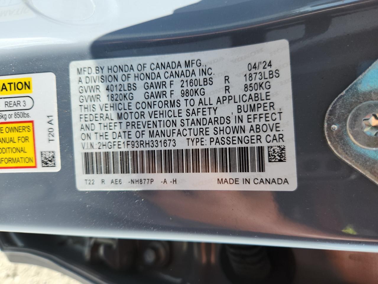 2024 Honda Civic Touring VIN: 2HGFE1F93RH331673 Lot: 65474035