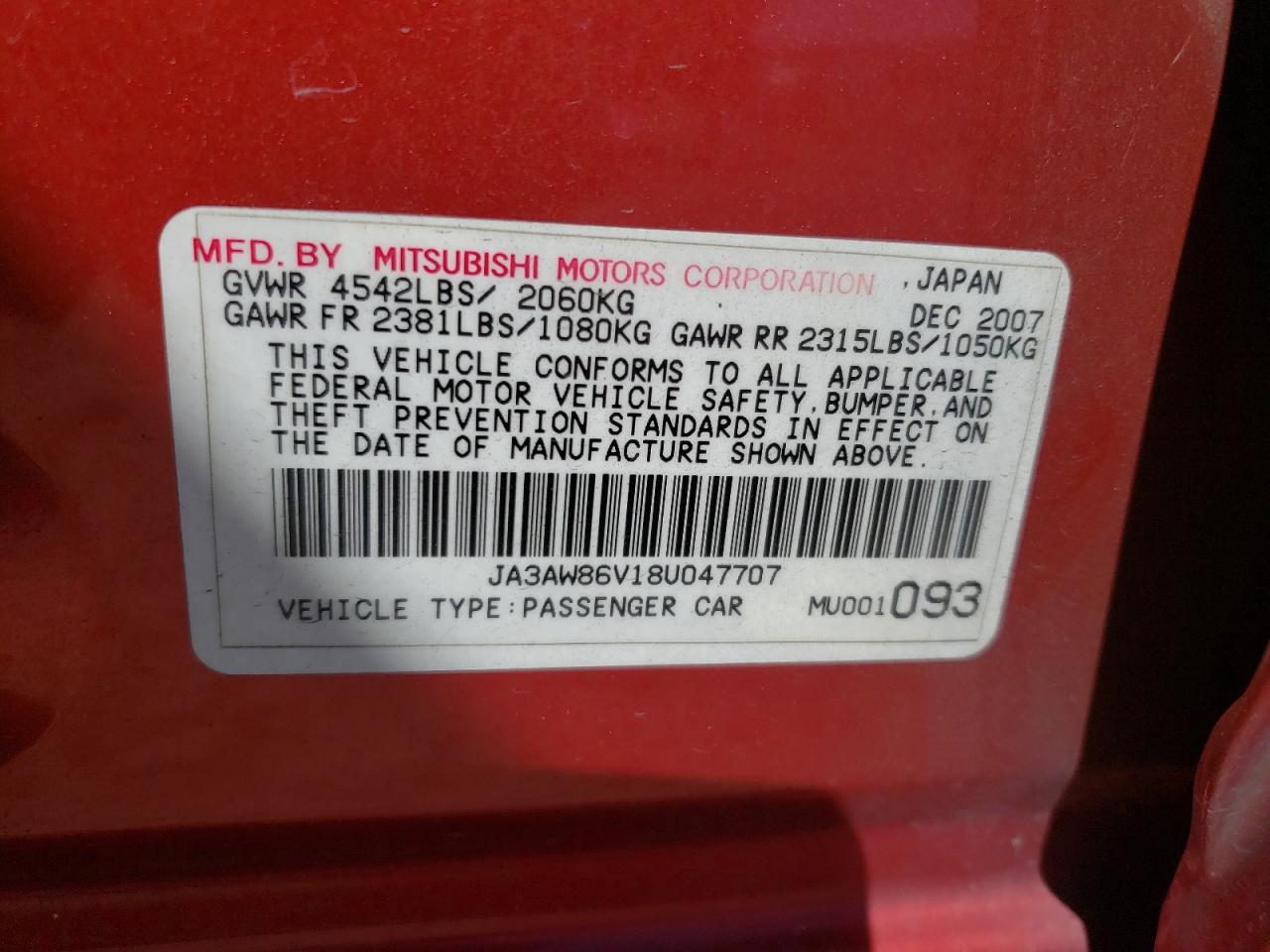 2008 Mitsubishi Lancer Evolution Gsr VIN: JA3AW86V18U047707 Lot: 65091715