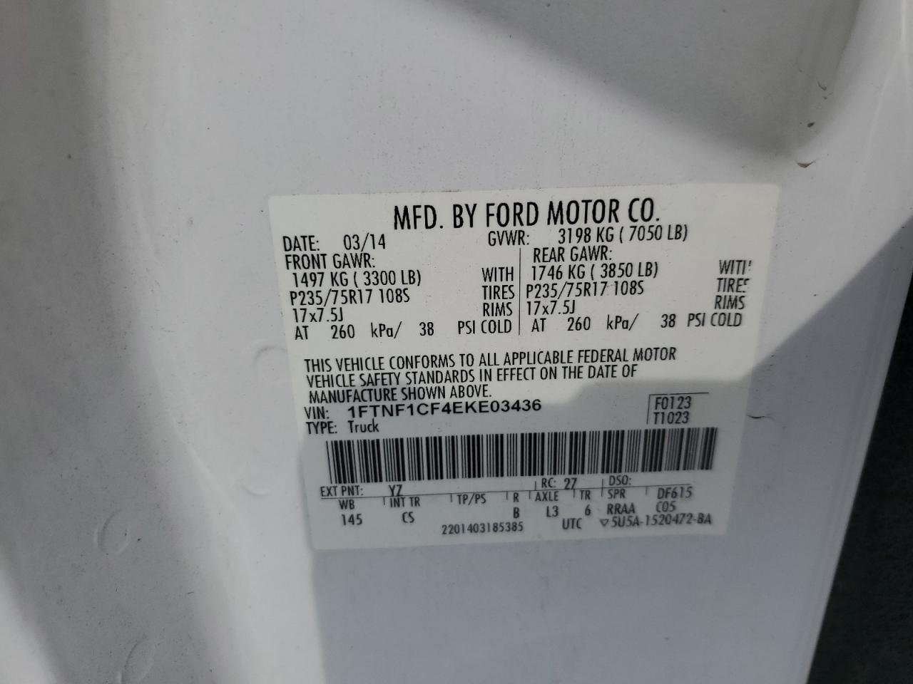 2014 Ford F150 VIN: 1FTNF1CF4EKE03436 Lot: 66600065