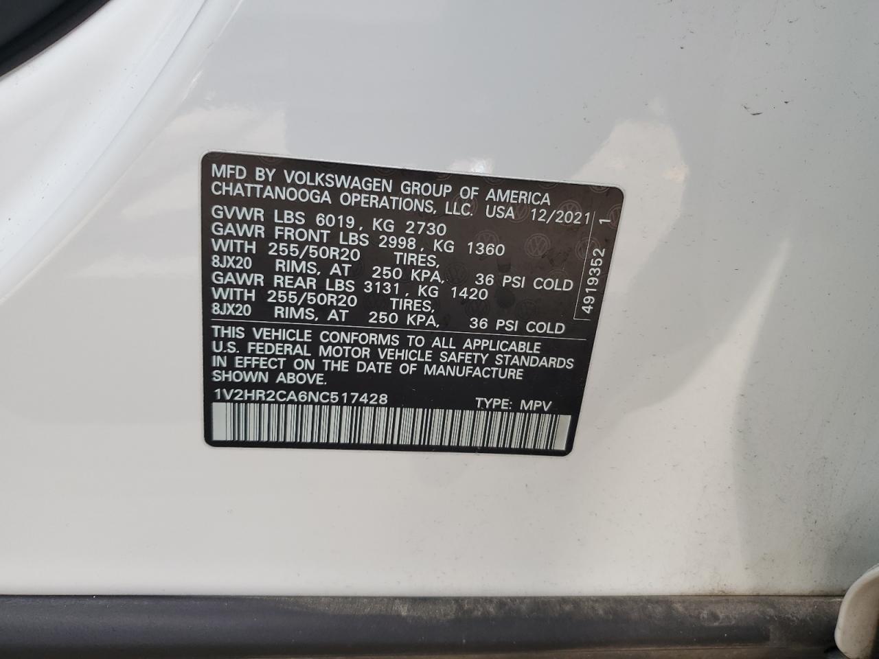 2022 Volkswagen Atlas Se VIN: 1V2HR2CA6NC517428 Lot: 66105905