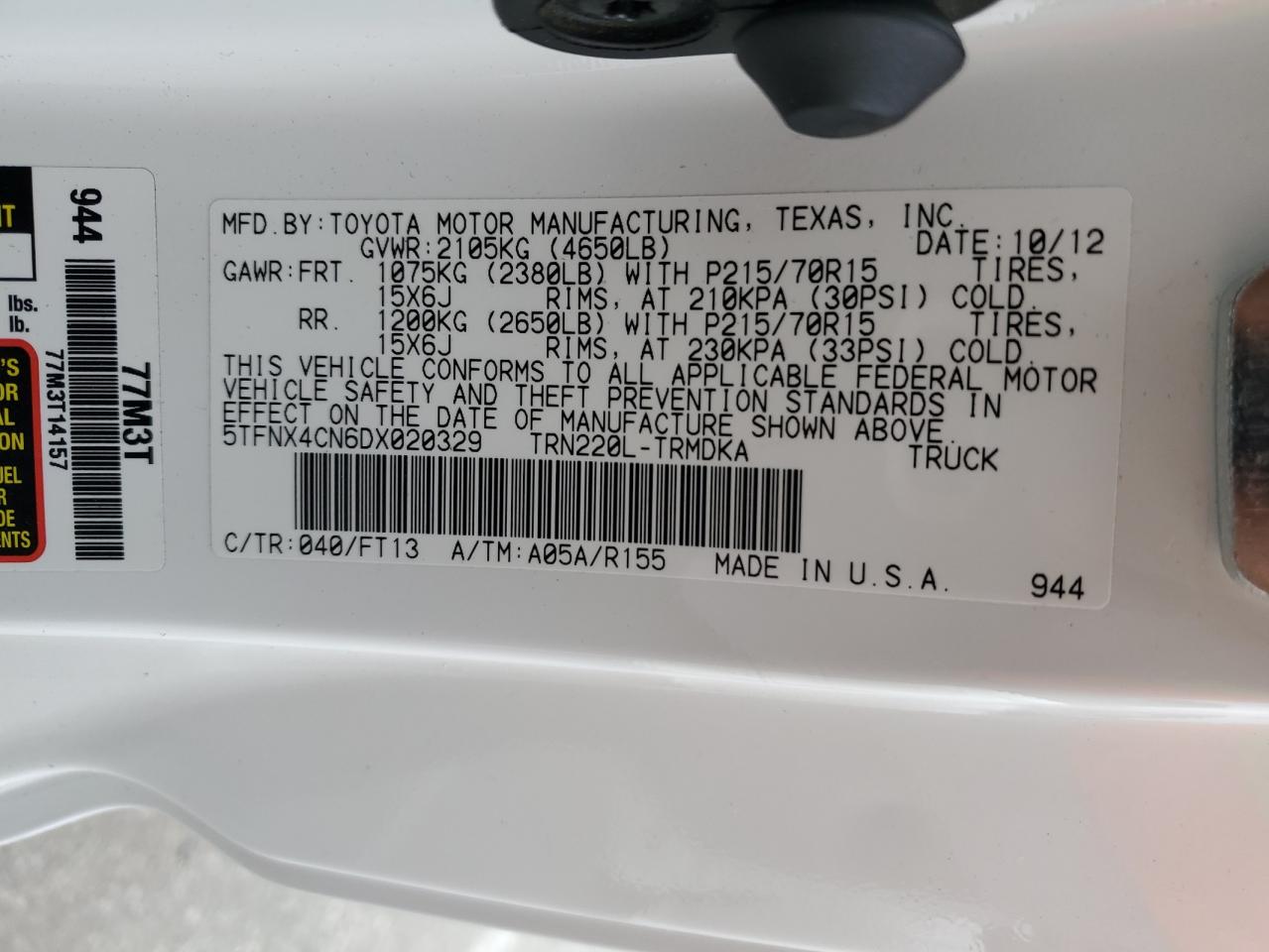 2013 Toyota Tacoma VIN: 5TFNX4CN6DX020329 Lot: 65154195