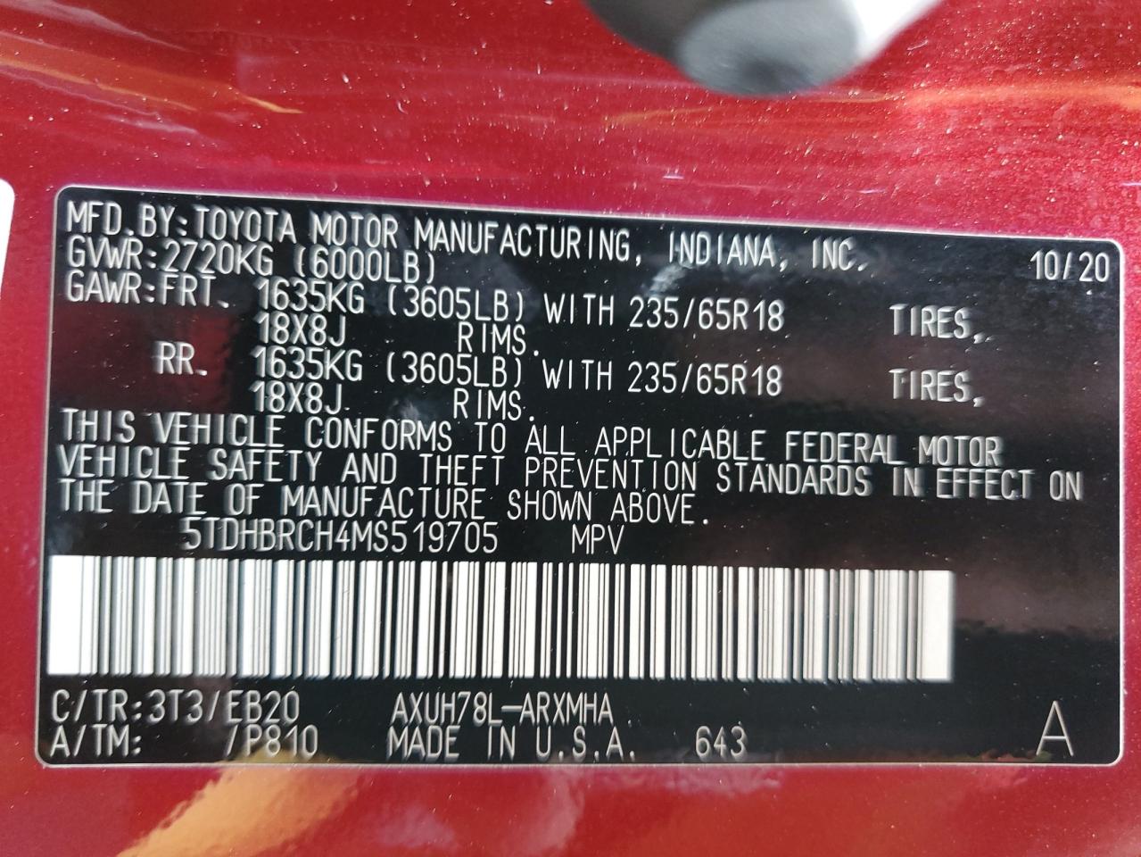 2021 Toyota Highlander Hybrid Xle VIN: 5TDHBRCH4MS519705 Lot: 64323085