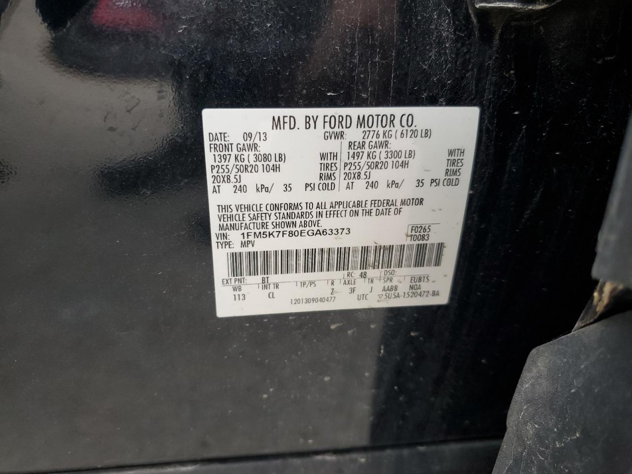 2014 Ford Explorer Limited VIN: 1FM5K7F80EGA63373 Lot: 63128685