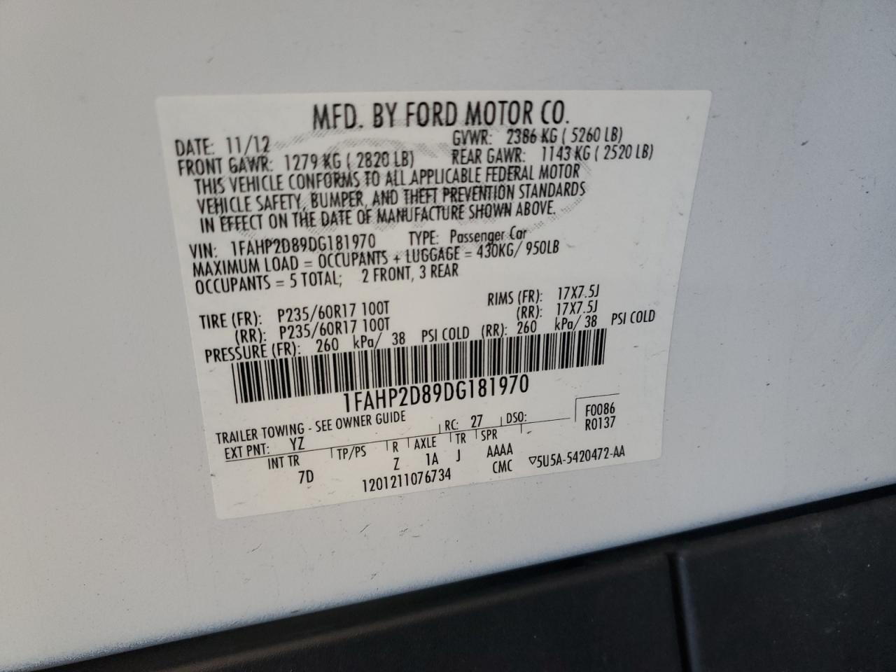 2013 Ford Taurus Se VIN: 1FAHP2D89DG181970 Lot: 63922295