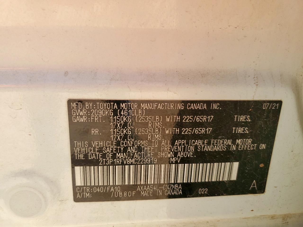 2021 Toyota Rav4 Xle VIN: 2T3P1RFV8MC229919 Lot: 65457545