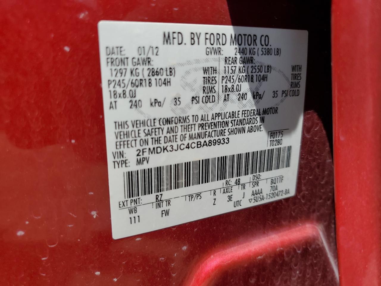 2012 Ford Edge Sel VIN: 2FMDK3JC4CBA89933 Lot: 64484945