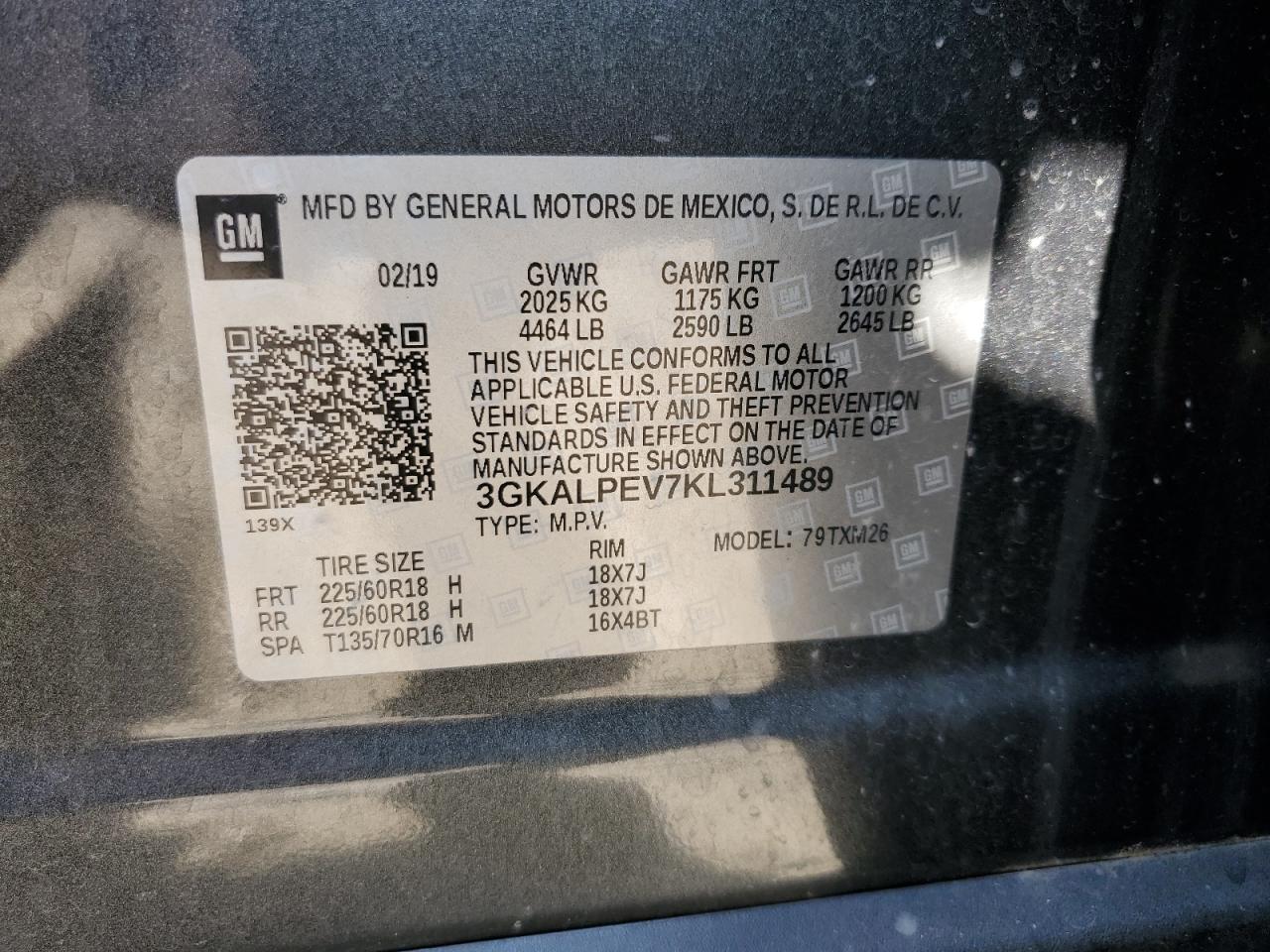 2019 GMC Terrain Slt VIN: 3GKALPEV7KL311489 Lot: 64188635