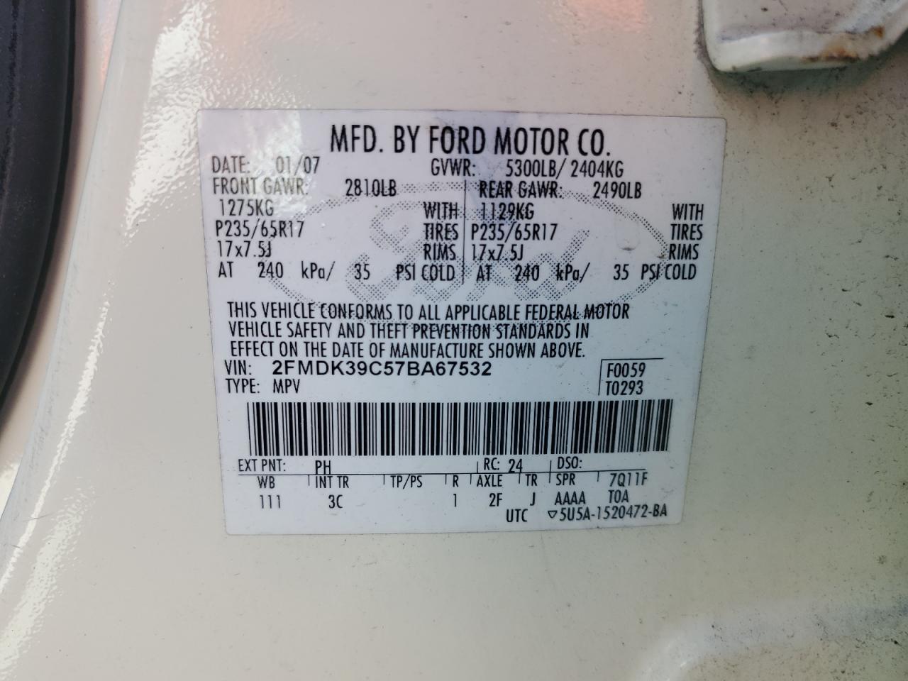 2007 Ford Edge Sel Plus VIN: 2FMDK39C57BA67532 Lot: 67187505