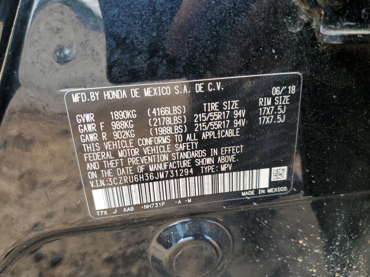 2018 Honda Hr-V Lx VIN: 3CZRU6H36JM731294 Lot: 65200465