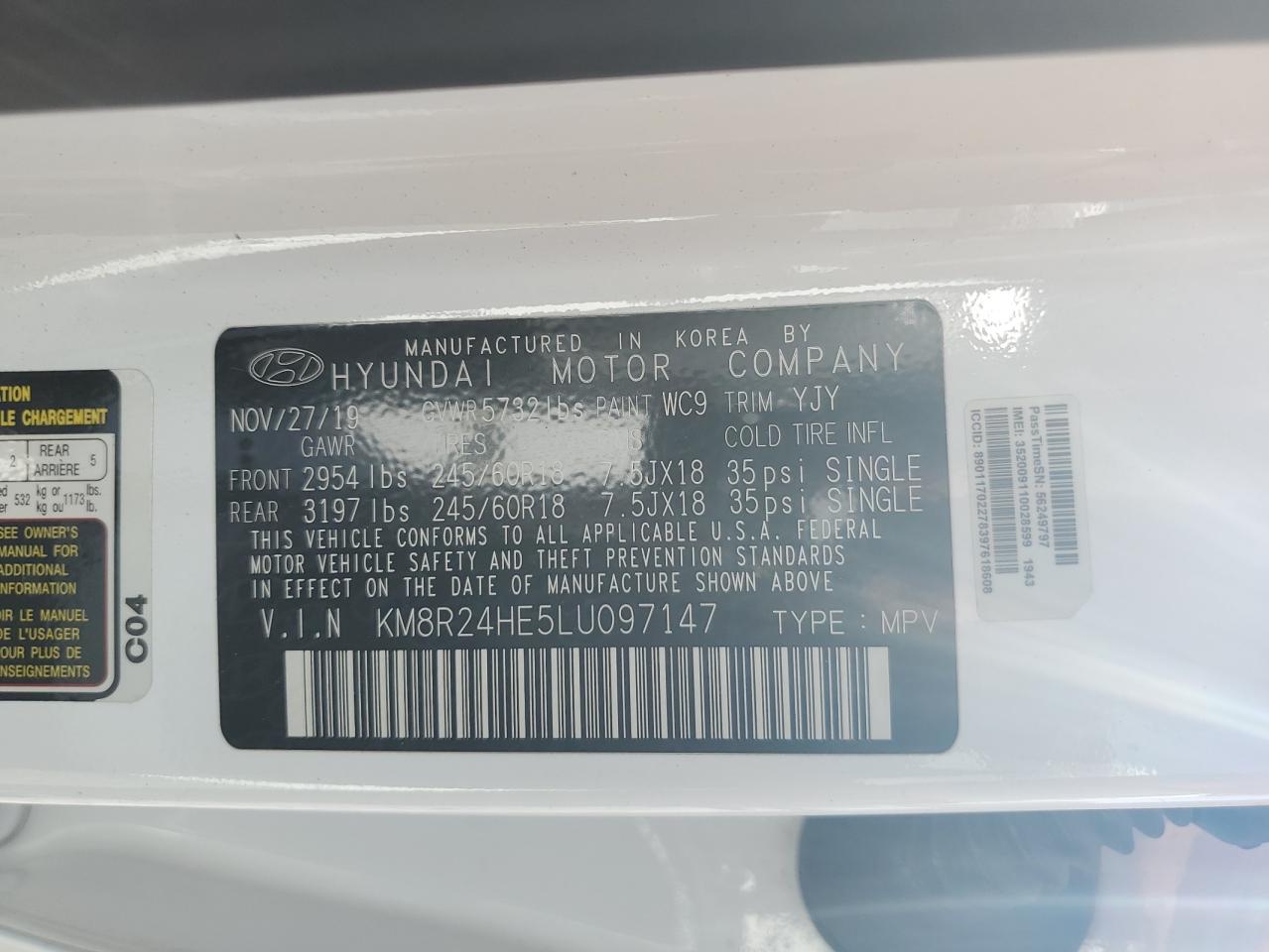 2020 Hyundai Palisade Sel VIN: KM8R24HE5LU097147 Lot: 63129895