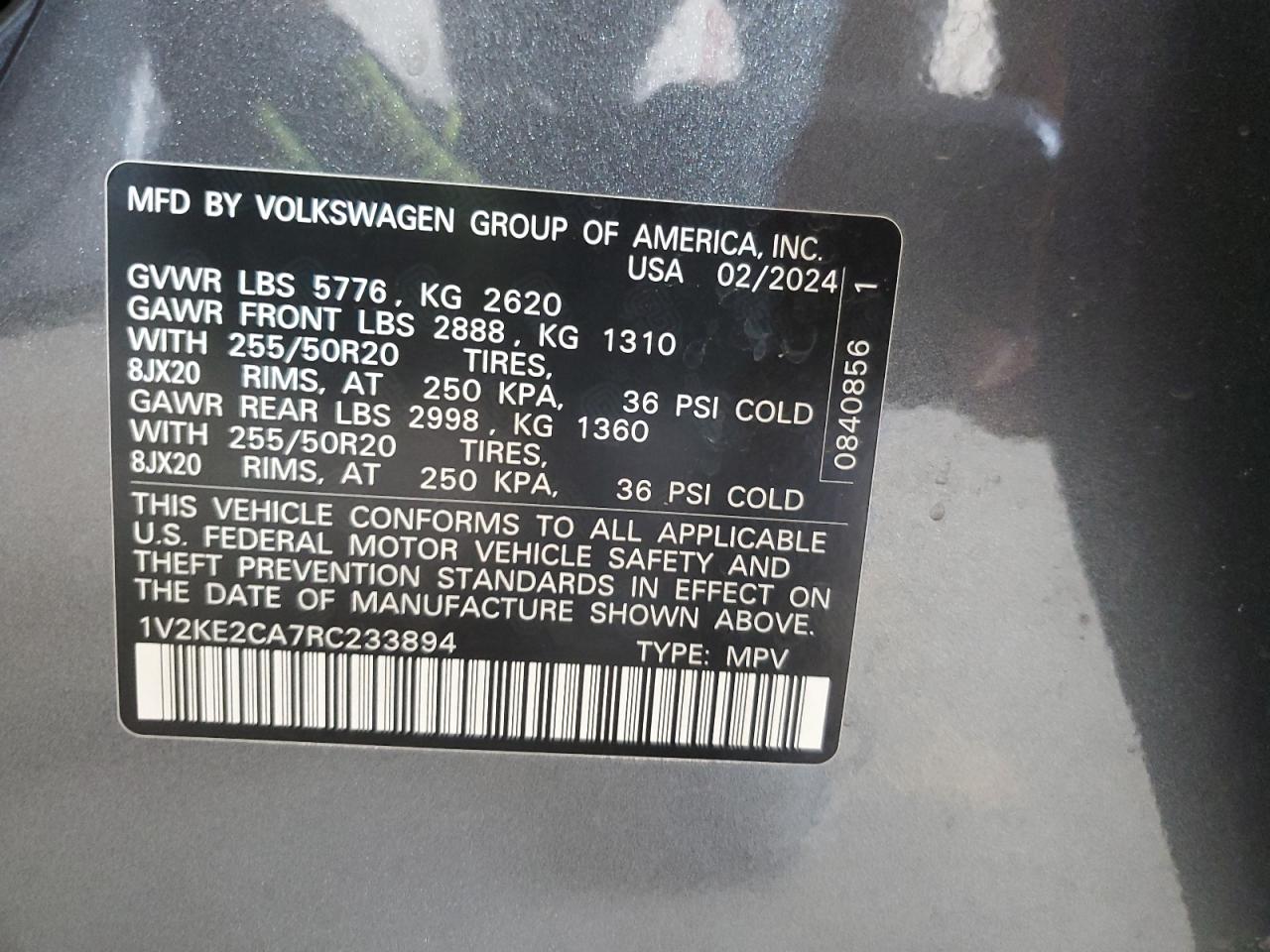 1v2ke2ca7rc233894 1V2KE2CA7RC233894 2024 Volkswagen Atlas Cross Sport Se