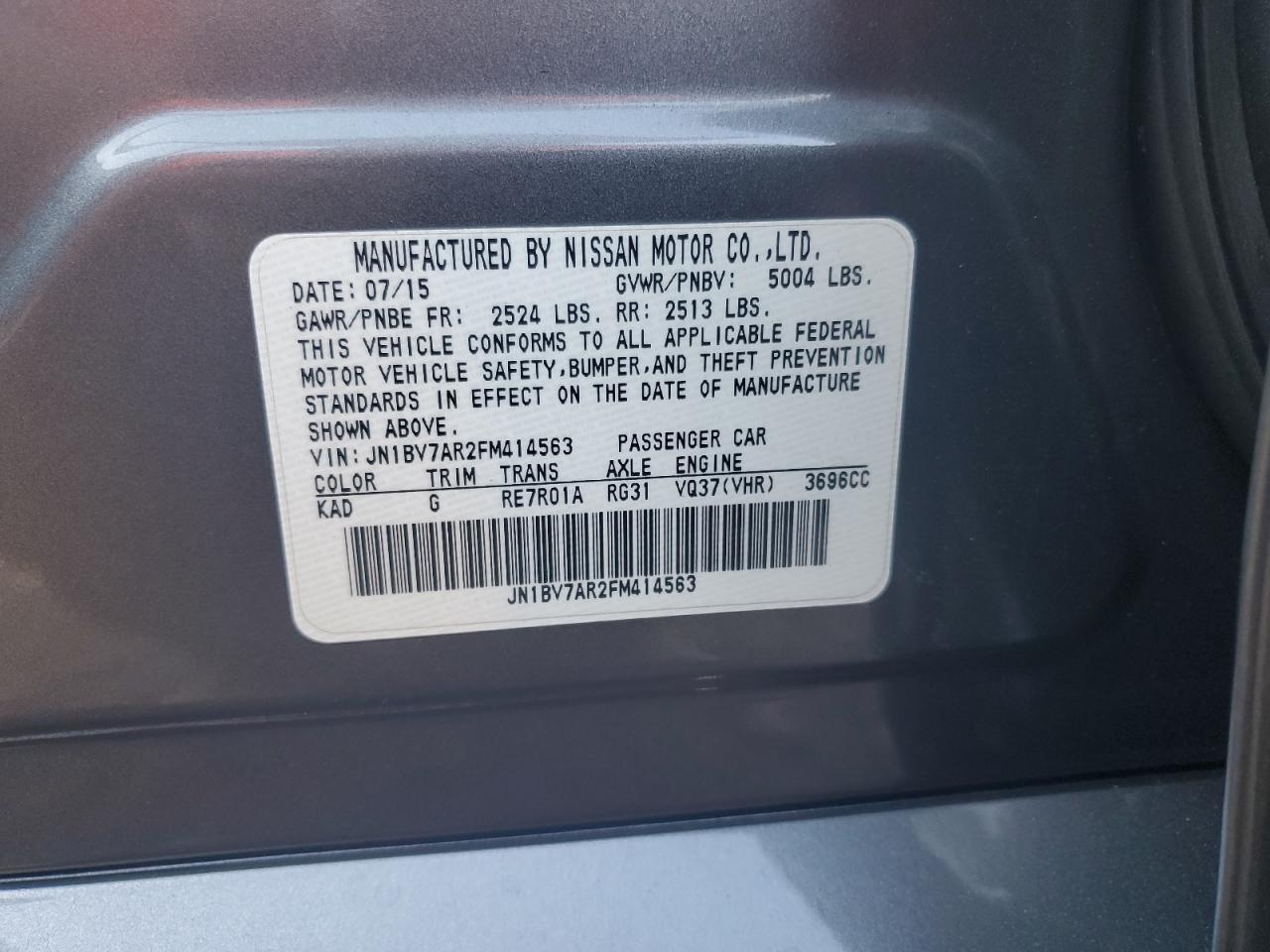 2015 Infiniti Q50 Base VIN: JN1BV7AR2FM414563 Lot: 62896535