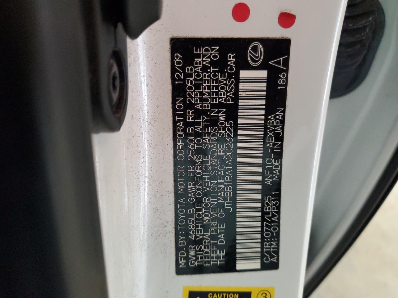 2010 Lexus Hs 250H VIN: JTHBB1BA1A2023225 Lot: 63817885