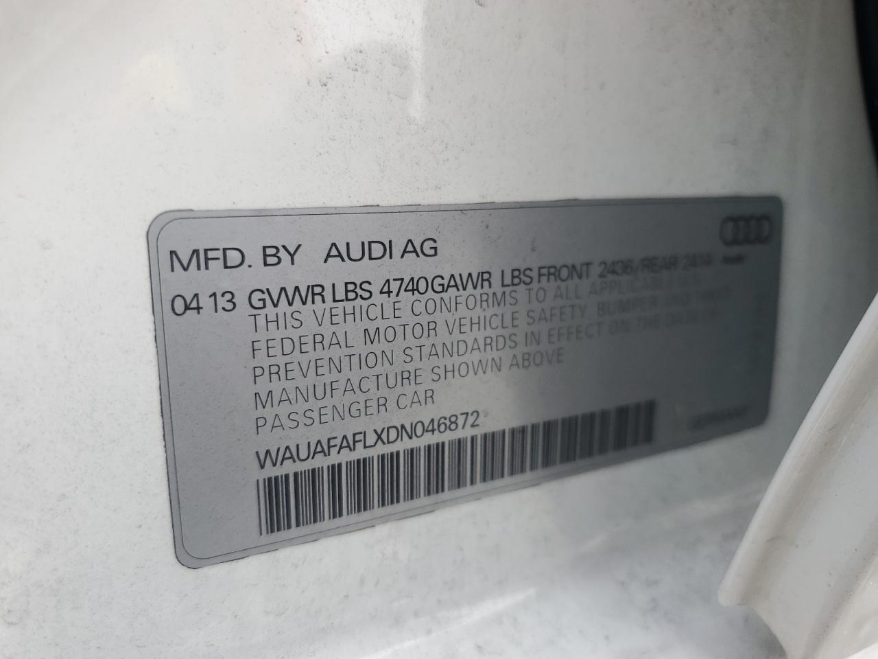 2013 Audi A4 Premium VIN: WAUAFAFLXDN046872 Lot: 63376035