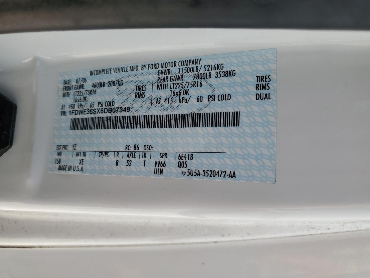 2006 Ford Econoline E350 Super Duty Cutaway Van VIN: 1FDWE35SX6DB07349 Lot: 63239535