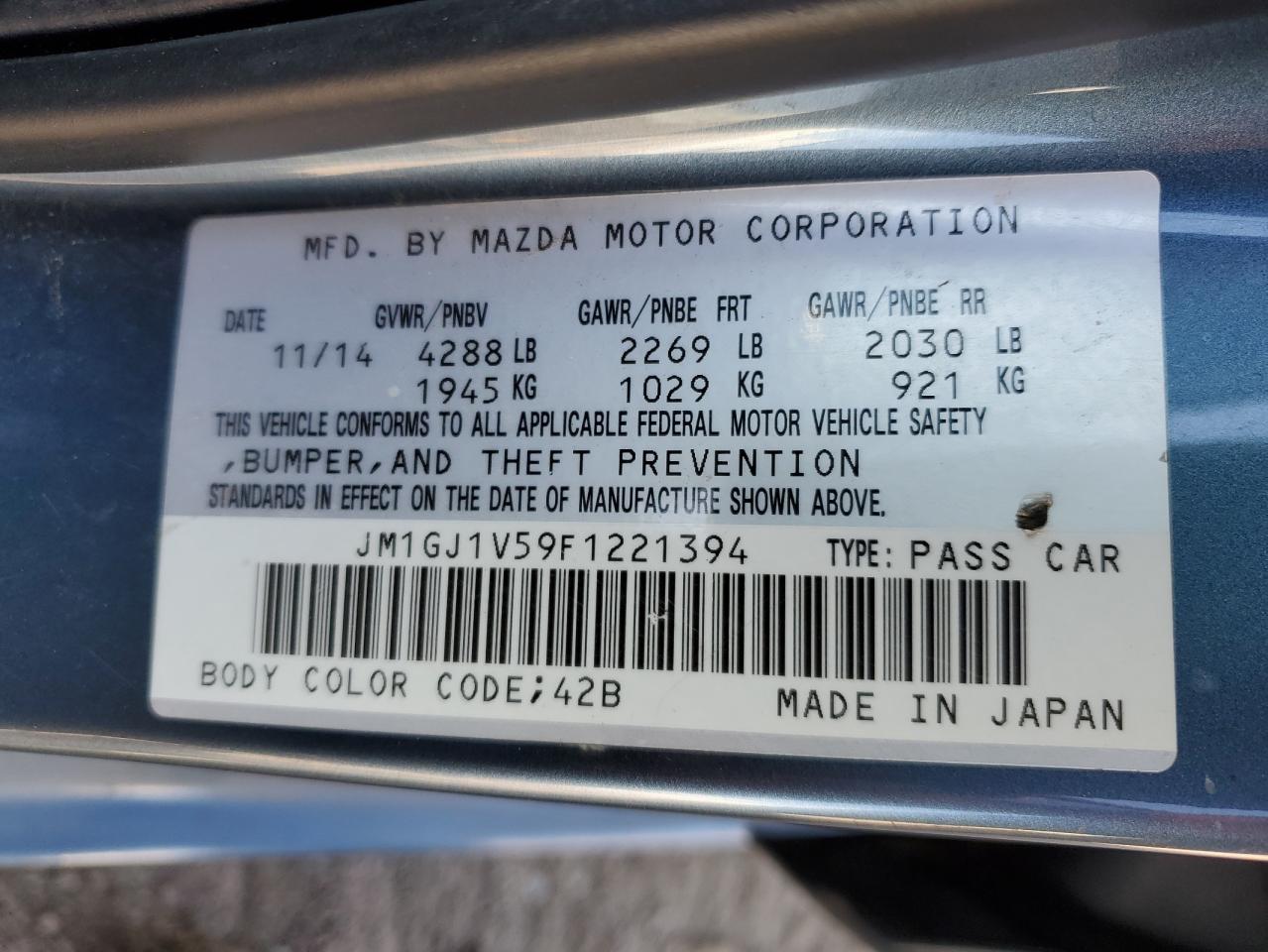 2015 Mazda 6 Touring VIN: JM1GJ1V59F1221394 Lot: 63058595