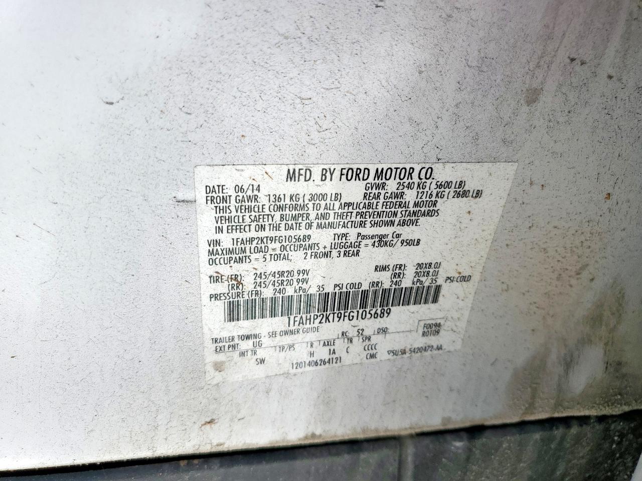 2015 Ford Taurus Sho VIN: 1FAHP2KT9FG105689 Lot: 66033205