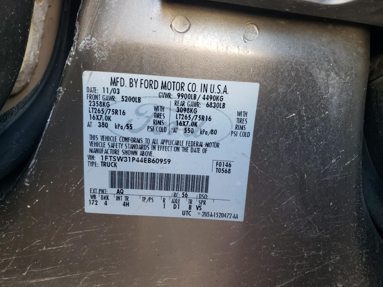 2004 Ford F350 Srw Super Duty VIN: 1FTSW31P44EB60959 Lot: 64417965