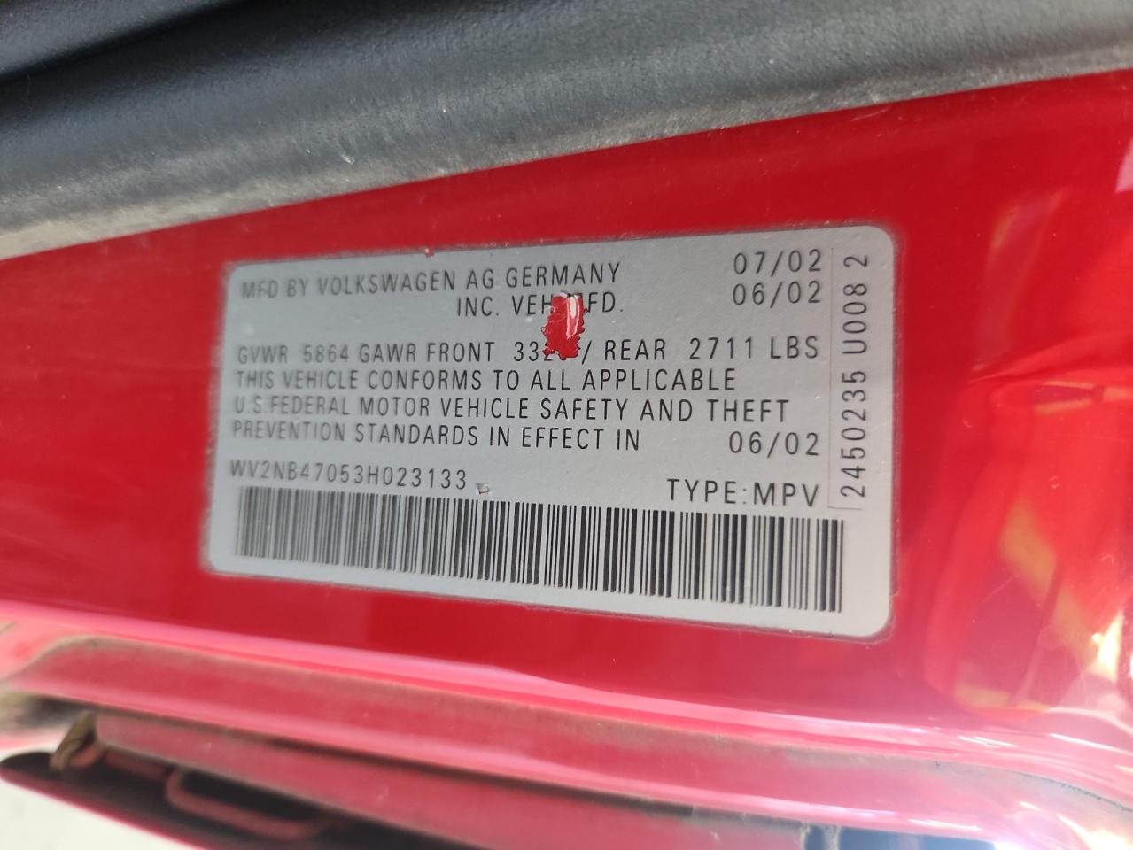 2003 Volkswagen Eurovan Mv VIN: WV2NB47053H023133 Lot: 63781415