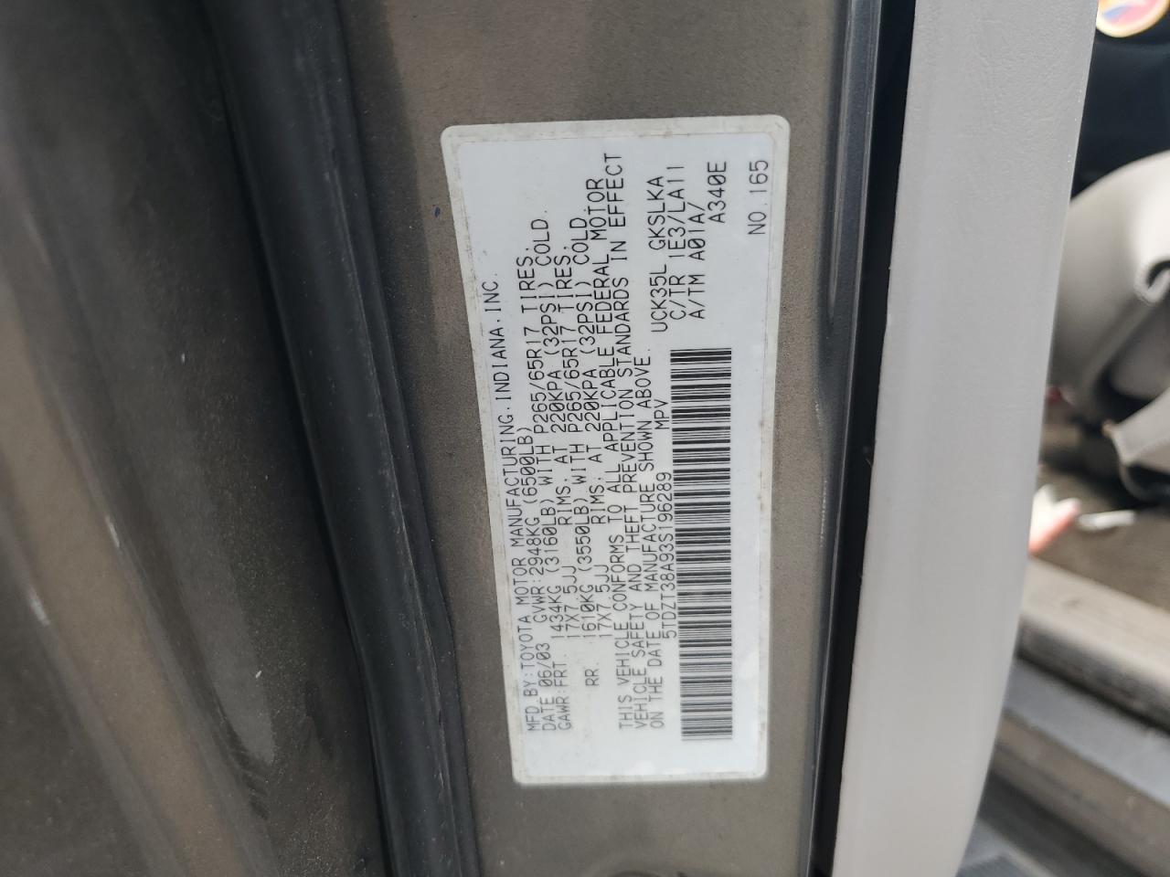 2003 Toyota Sequoia Limited VIN: 5TDZT38A93S196289 Lot: 64466695