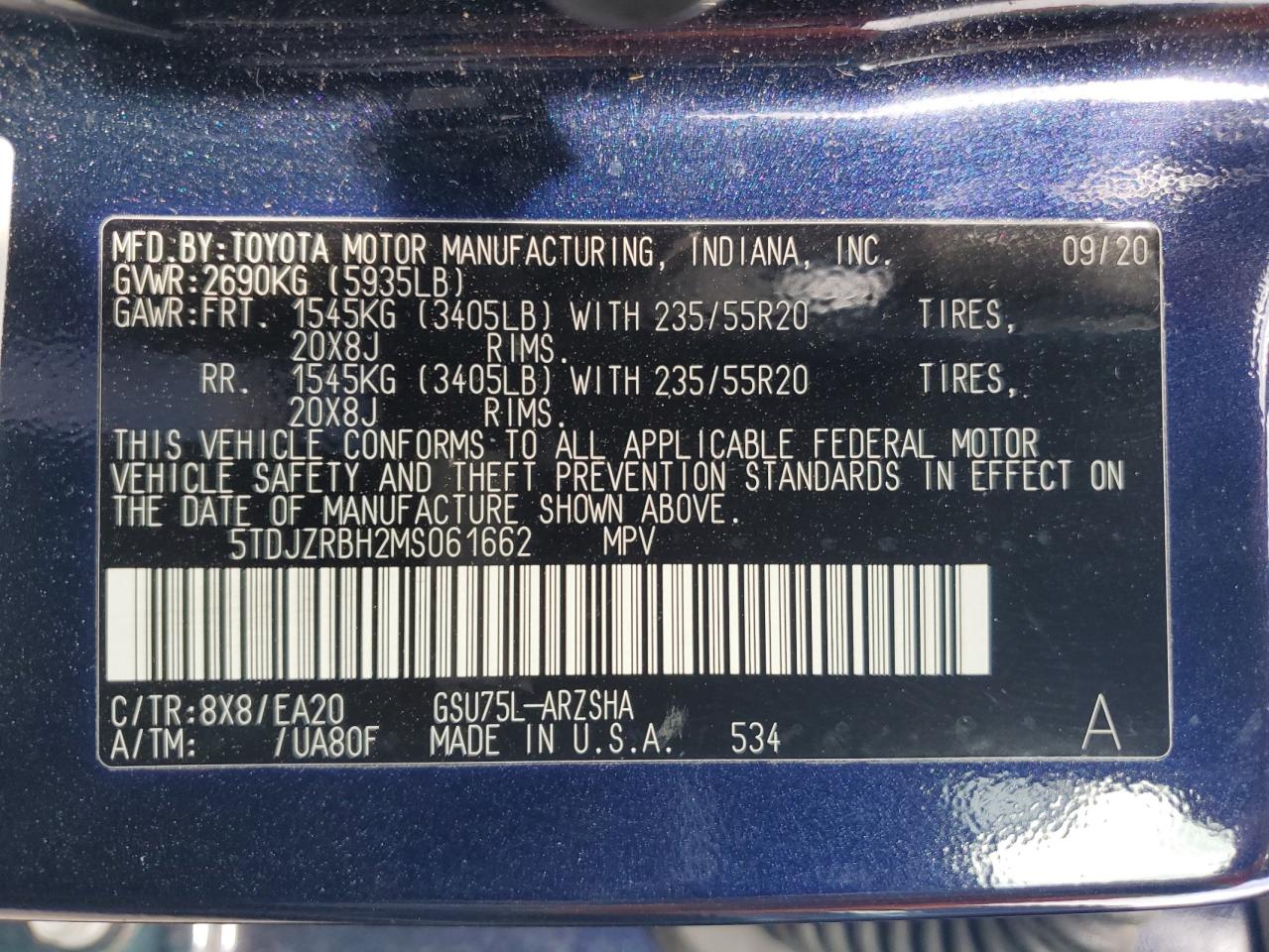 2021 Toyota Highlander Xse VIN: 5TDJZRBH2MS061662 Lot: 62752965