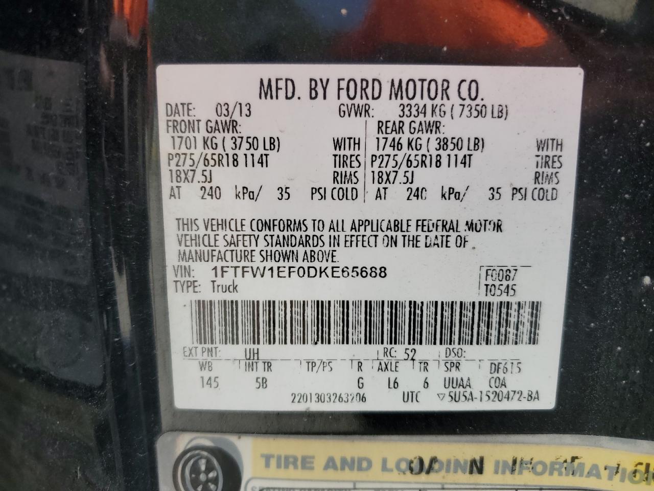 2013 Ford F150 Supercrew VIN: 1FTFW1EF0DKE65688 Lot: 65179395