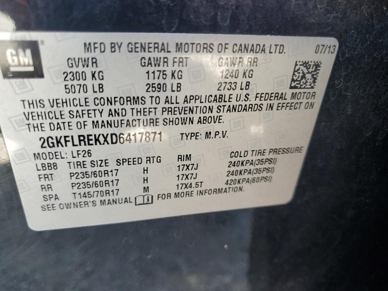 2013 GMC Terrain Sle VIN: 2GKFLREKXD6417871 Lot: 63316035