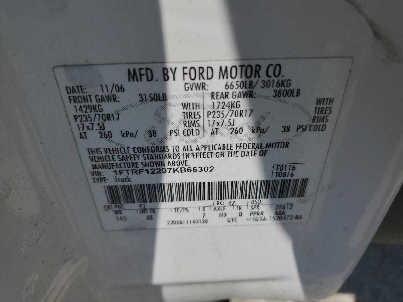 2007 Ford F150 VIN: 1FTRF12297KB66302 Lot: 64399775