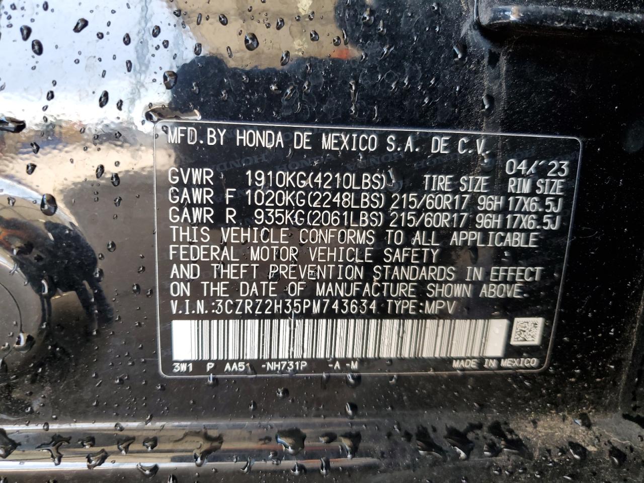 3CZRZ2H35PM743634 2023 Honda Hr-V Lx
