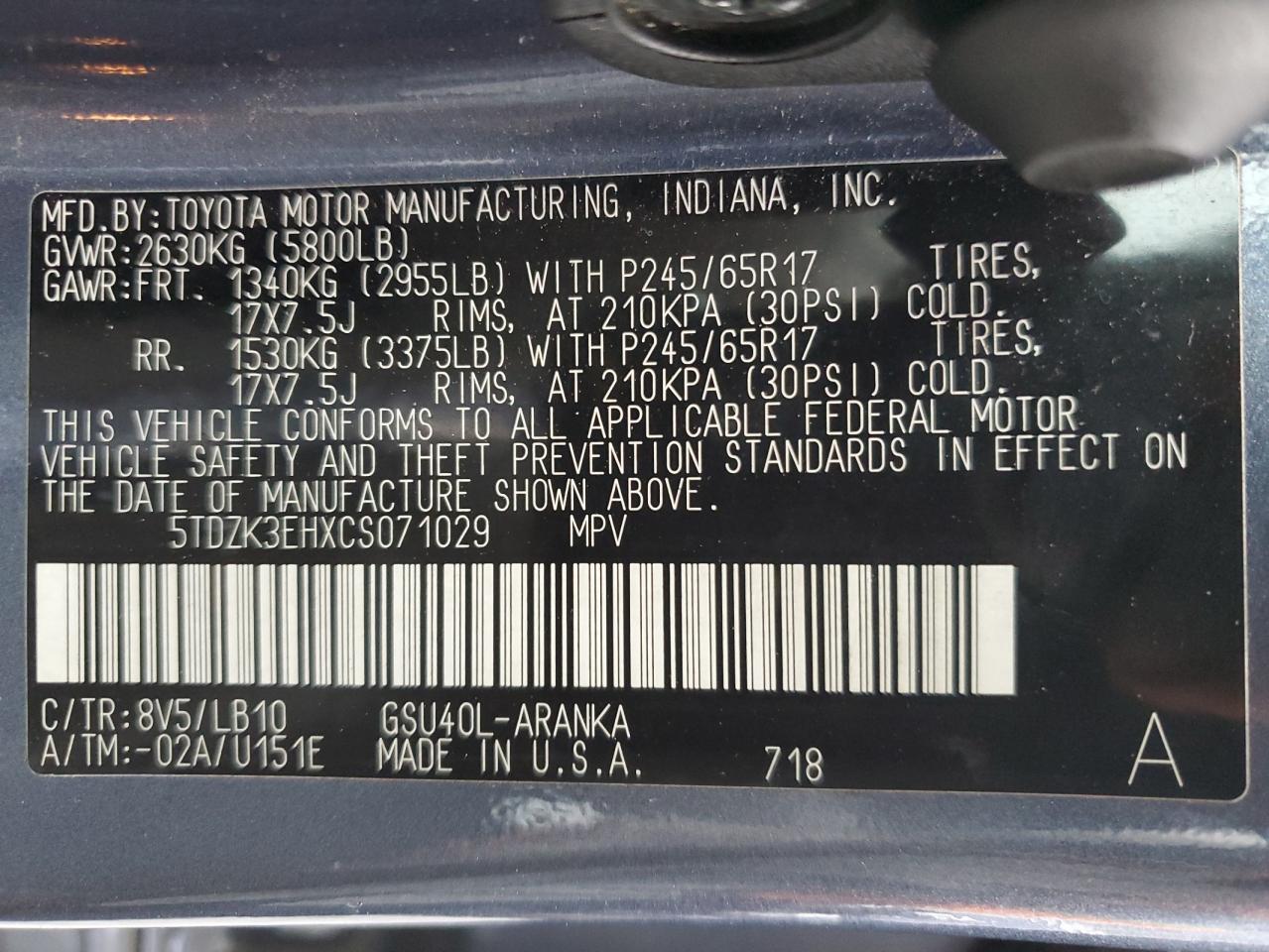 2012 Toyota Highlander Base VIN: 5TDZK3EHXCS071029 Lot: 65156765