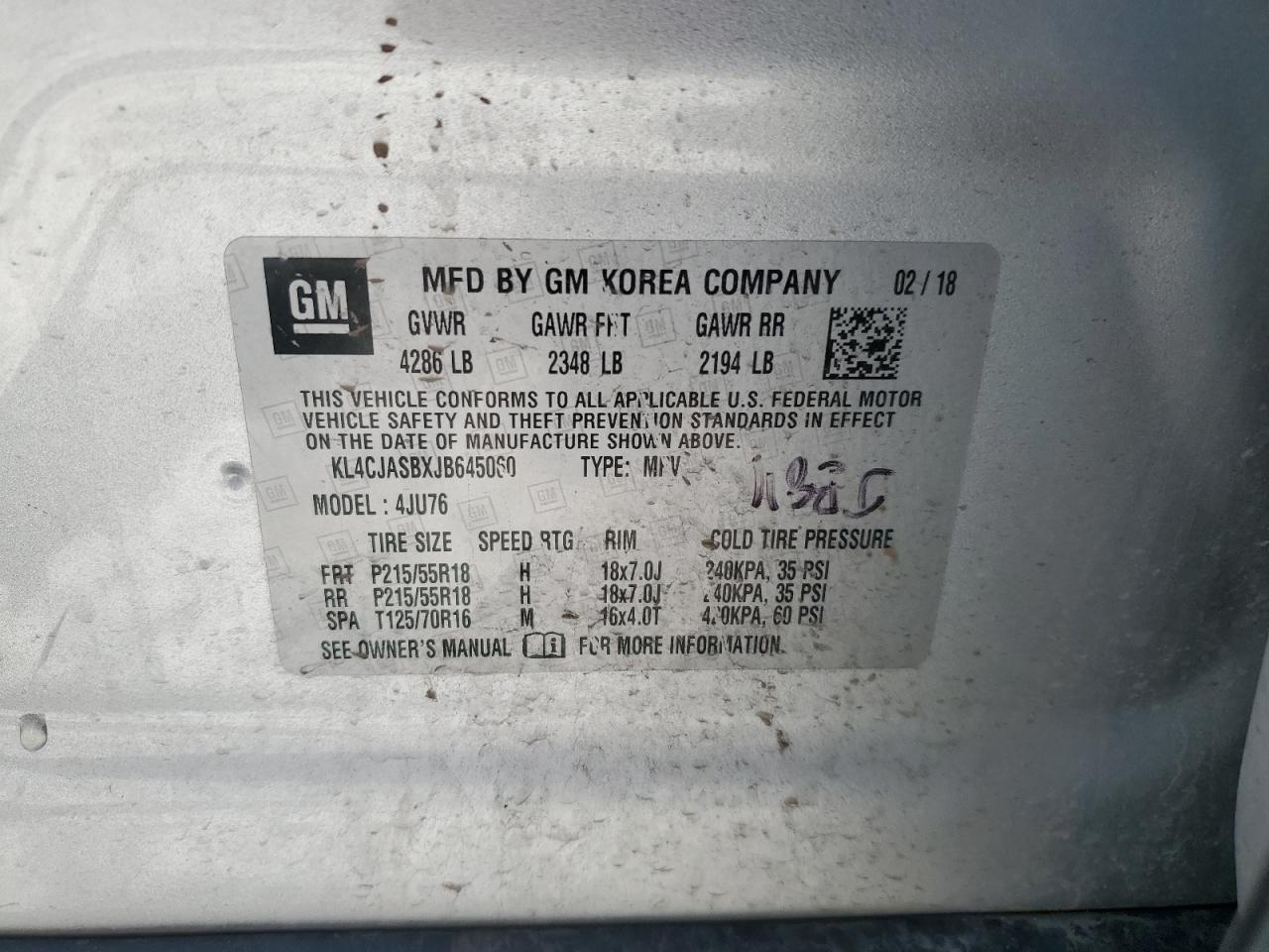 2018 Buick Encore Preferred VIN: KL4CJASBXJB645060 Lot: 64817845